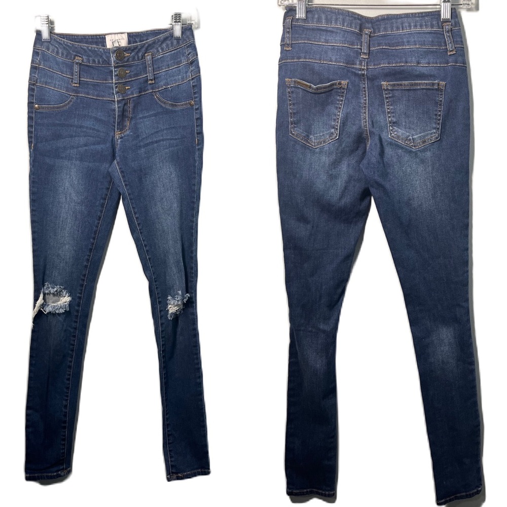 • Celebrity Pink Dark Wash Ripped Skinny Jeans